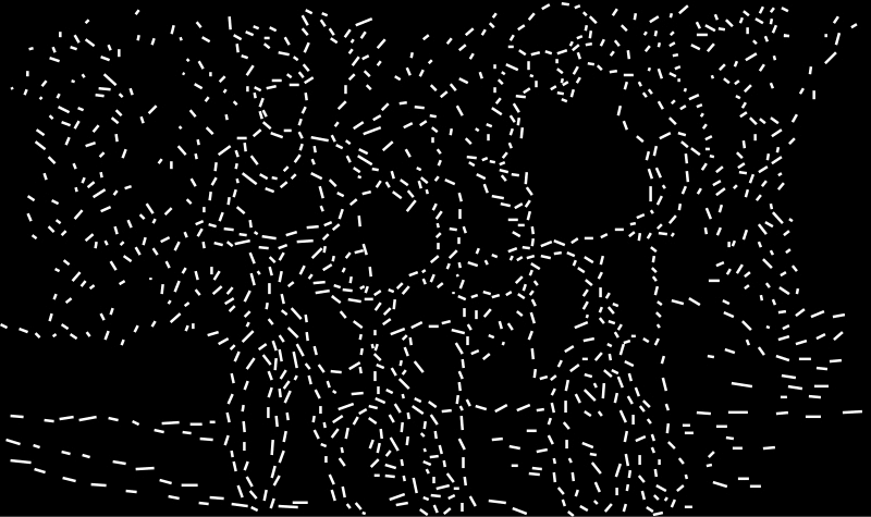 Edges are the first step in the visual pathway. There is a solid black background. There are small white dashes over the black background, which form the edges of the objects within the scene. Examining closely shows that the edges appear to form the outline of three people. It is difficult to determine any more detail.