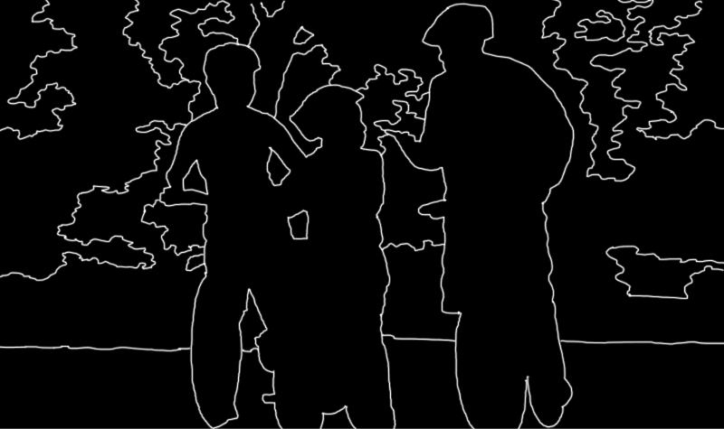 Shapes are the second step in the visual pathway. There is still a solid black background. There are white solid lines over the black background, which form the clear outlines of the objects within the scene. It can be determined that the shapes are two adults and one child in between them. There are also larger shapes behind them.