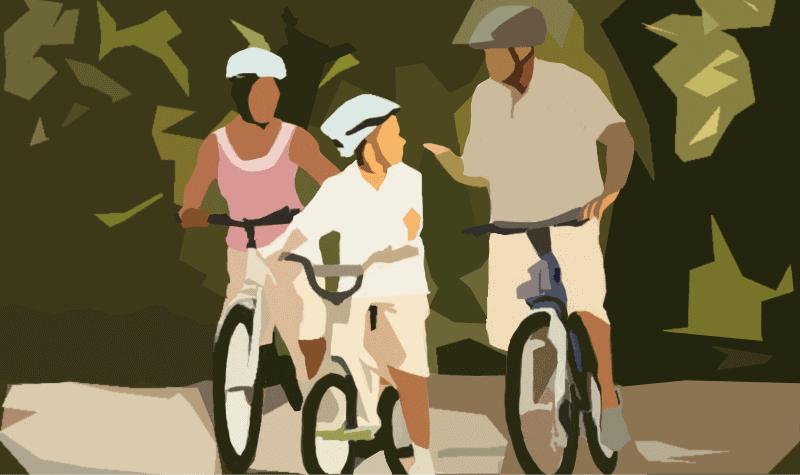 Color is the third step in the visual pathway. Now the same scene is shown in color. It is easier to determine that there are two adults and one child. They have varied skin tones. One adult has a pink shirt and the other adult has a tan shirt, while the child has a white shirt. They are riding bicycles, and the black tires and handlebars clearly stand out. There are trees in the background of various shades of green and there is a grey pathway.
