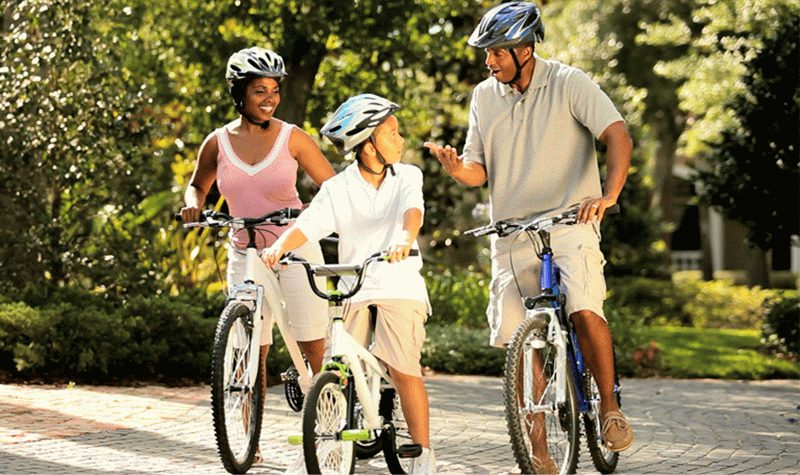 Objects and Faces are the fourth step in the visual pathway. Now the same scene is shown with fine details. It is even easier to determine what is happening in the scene. There is an adult female wearing a pink shirt, an adult male wearing a tan shirt and a male child wearing a white shirt. They are each wearing a helmet, too. The adult female is smiling, and the adult male and male child appear to be talking with one another. They are all riding their bicycles down a pathway paved with grey bricks, lined with grass and with various types of trees.